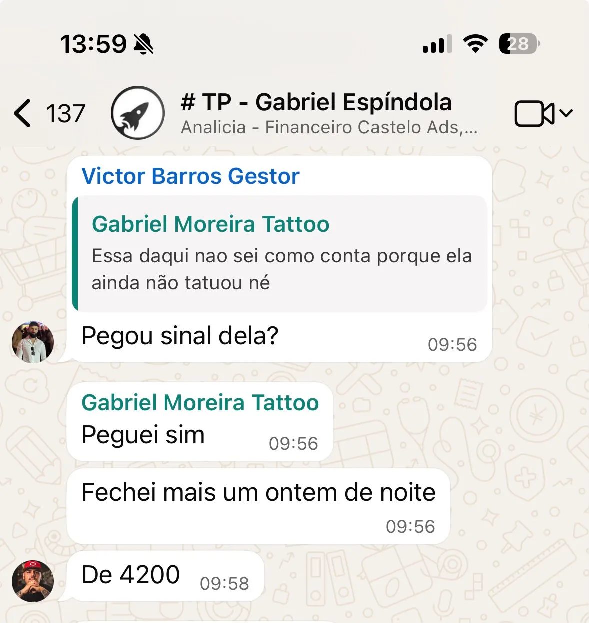 Print de WhatsApp com fechamento de trabalho do anúncio — Gabriel Moreira Tattoo