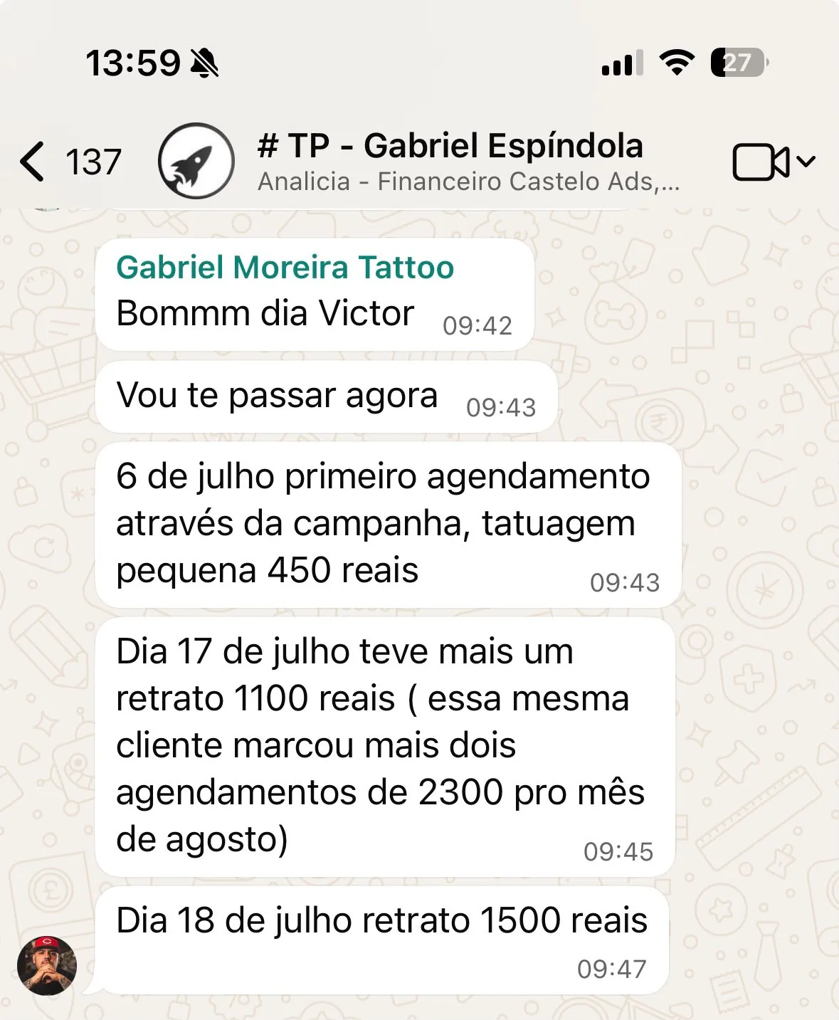 Print de WhatsApp com agendamentos da campanha — Gabriel Moreira Tattoo