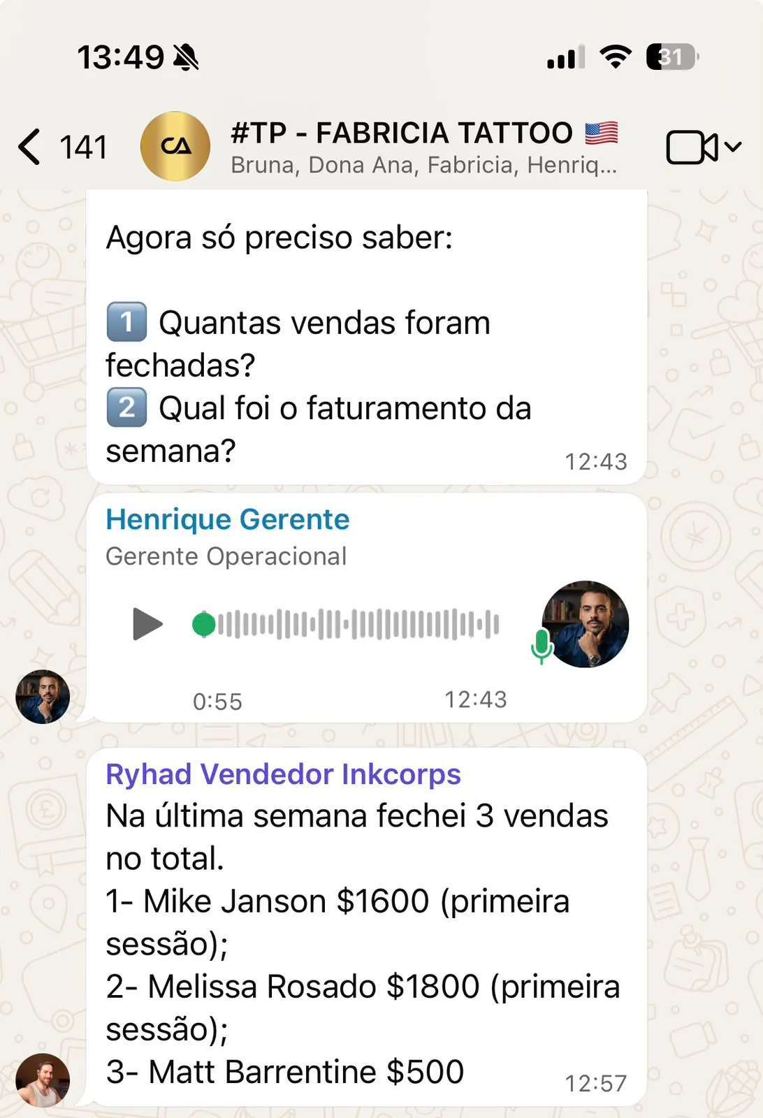Print de WhatsApp com três vendas na semana — Fabrícia Tattoo (EUA)