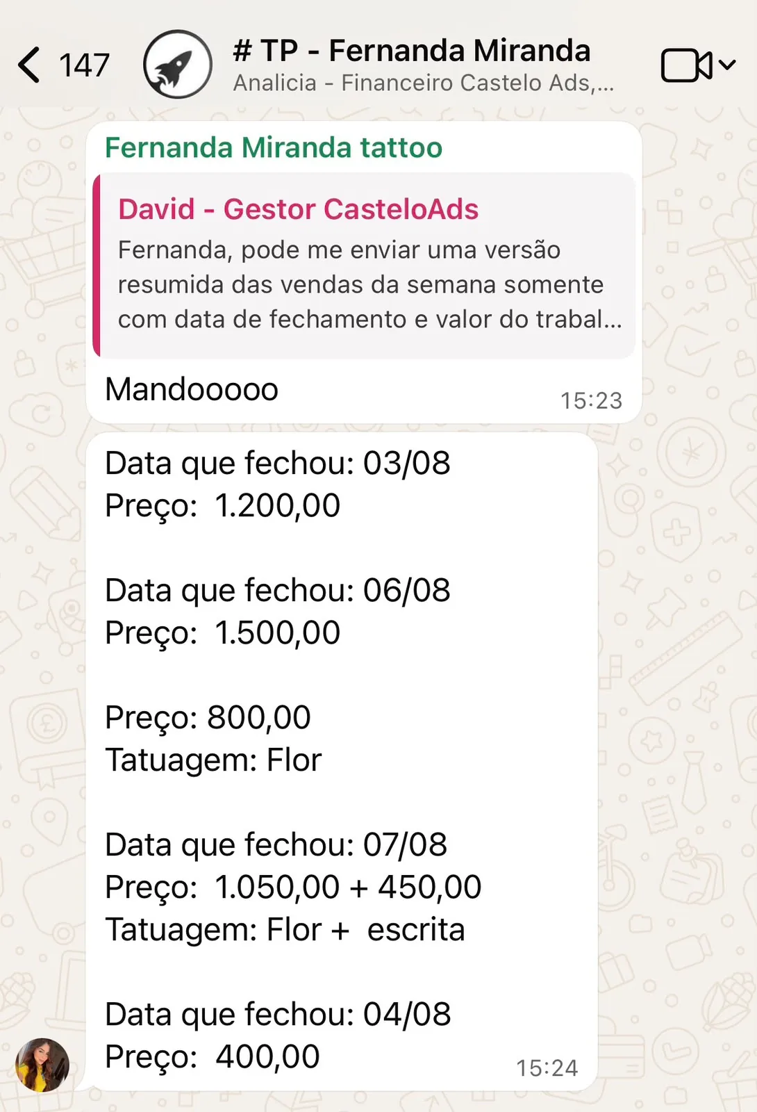 Print de WhatsApp com vendas fechadas pela campanha — Fernanda Miranda Tattoo
