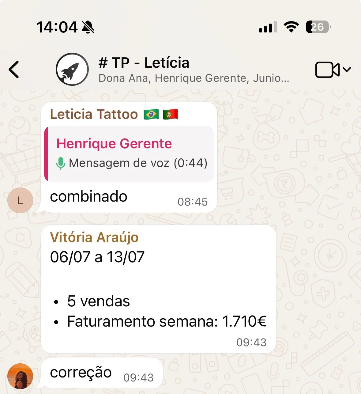 Print de WhatsApp com cinco vendas na semana — Letícia Tattoo (Portugal)