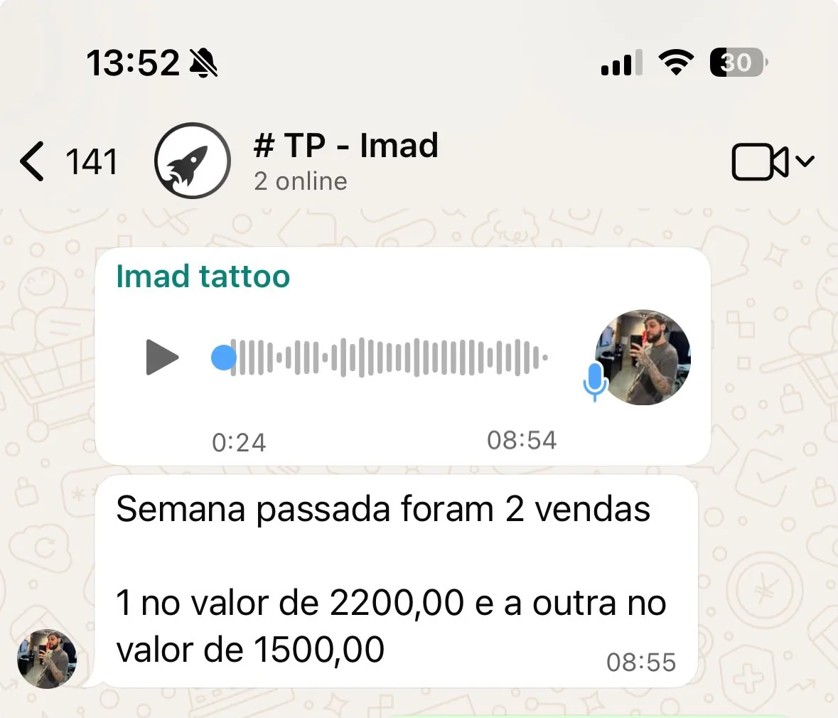 Print de WhatsApp com duas vendas na semana — Imaj Tatu