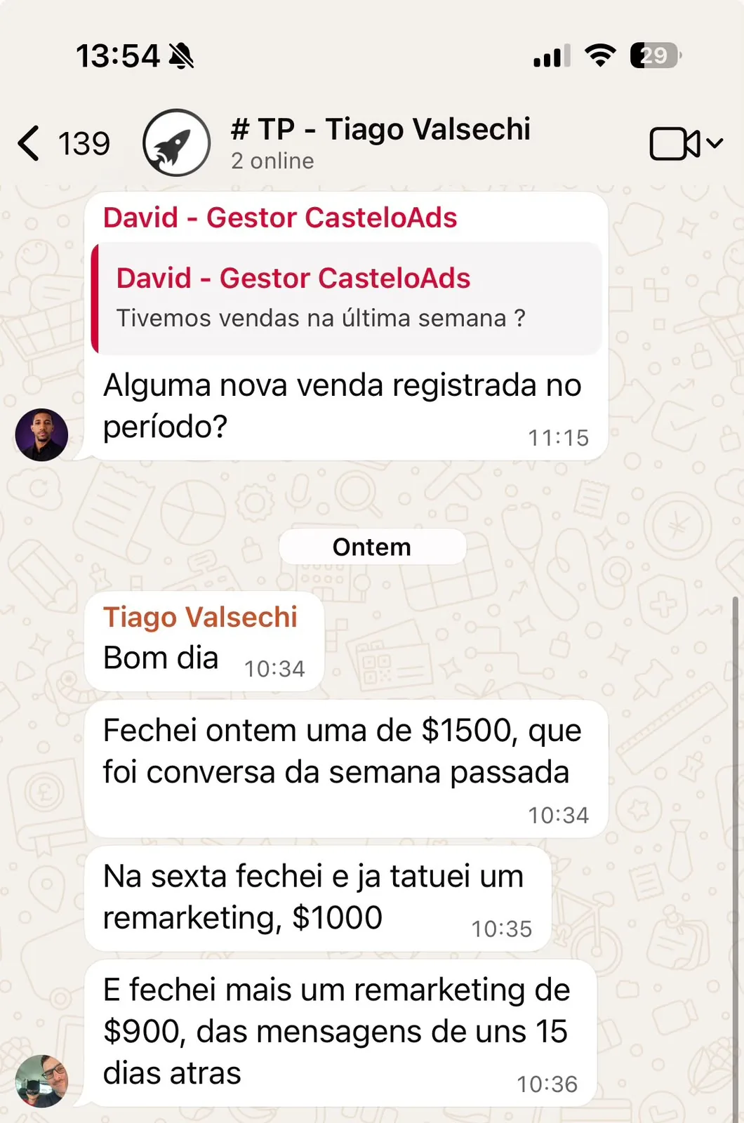 Print de WhatsApp com vendas e remarketing — Thiago Valsechi
