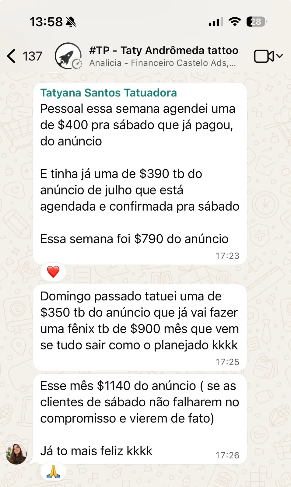 Print de WhatsApp com agendamentos pagos do anúncio — Tatiana Tatuadora