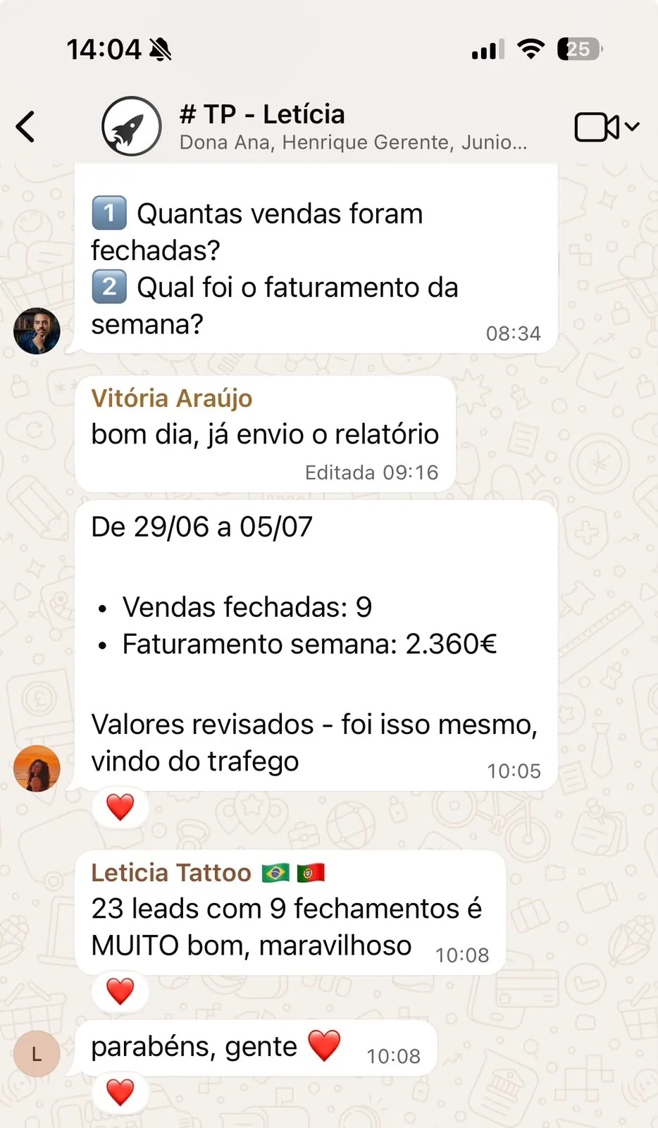 Print de WhatsApp com nove vendas na semana — Letícia Tattoo (Portugal)